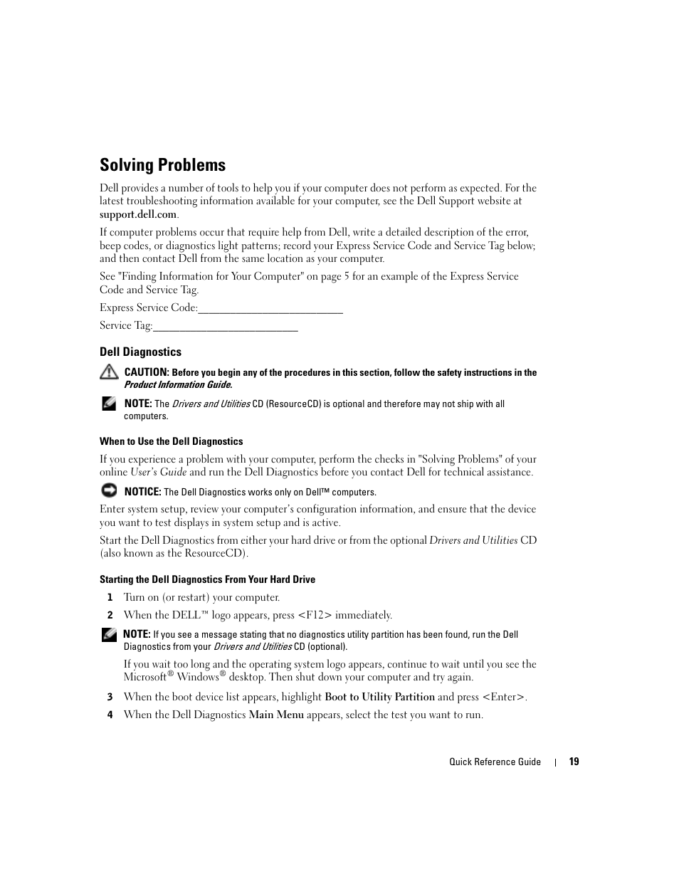 Solving problems, Dell diagnostics | Dell OptiPlex GX280 User Manual | Page 19 / 260