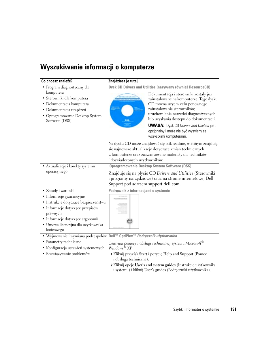Wyszukiwanie informacji o komputerze | Dell OptiPlex GX280 User Manual | Page 191 / 260