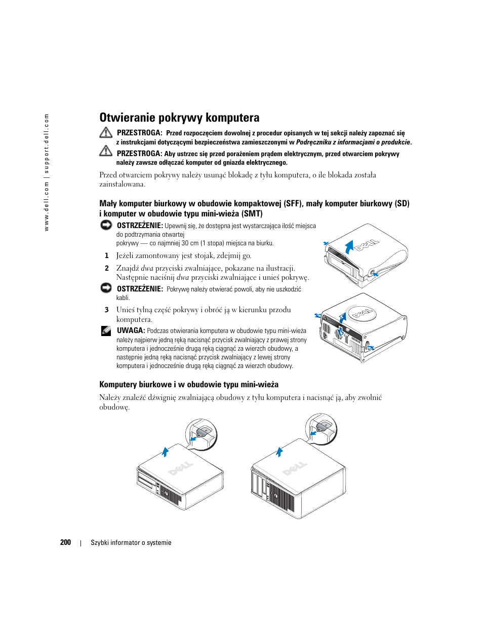Otwieranie pokrywy komputera, Komputery biurkowe i w obudowie typu mini-wieża | Dell OptiPlex GX280 User Manual | Page 200 / 260