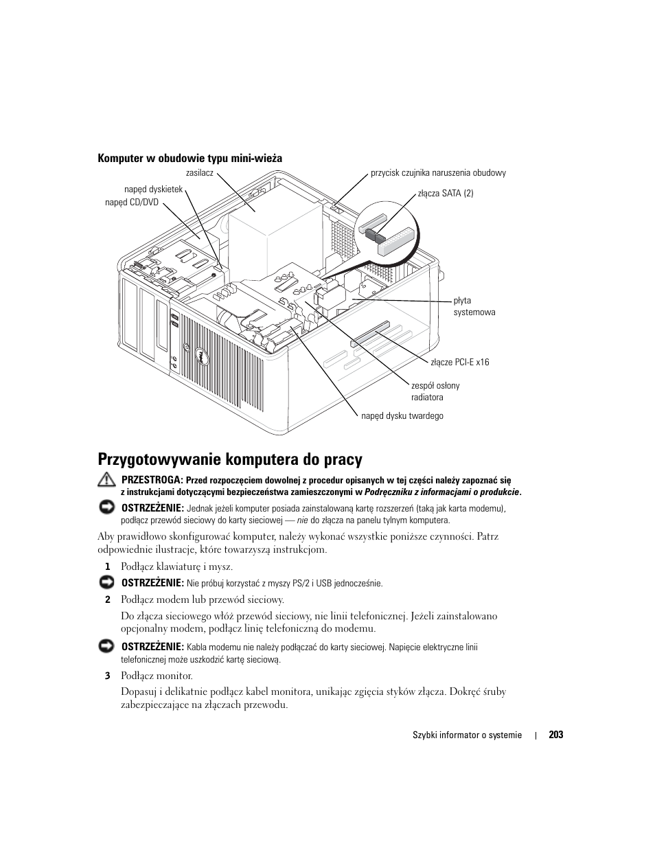 Komputer w obudowie typu mini-wieża, Przygotowywanie komputera do pracy | Dell OptiPlex GX280 User Manual | Page 203 / 260