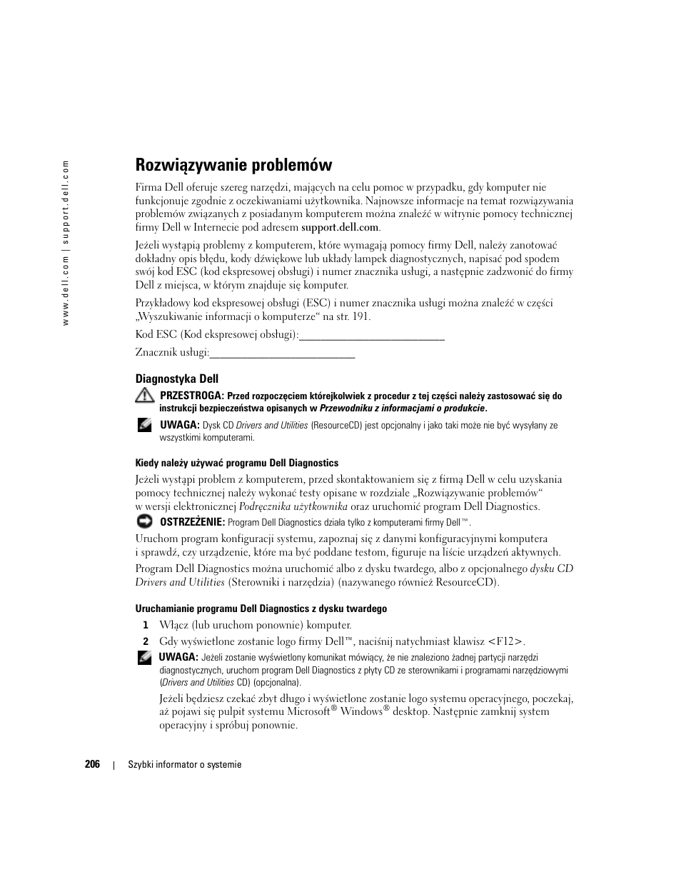 Rozwiązywanie problemów, Diagnostyka dell | Dell OptiPlex GX280 User Manual | Page 206 / 260