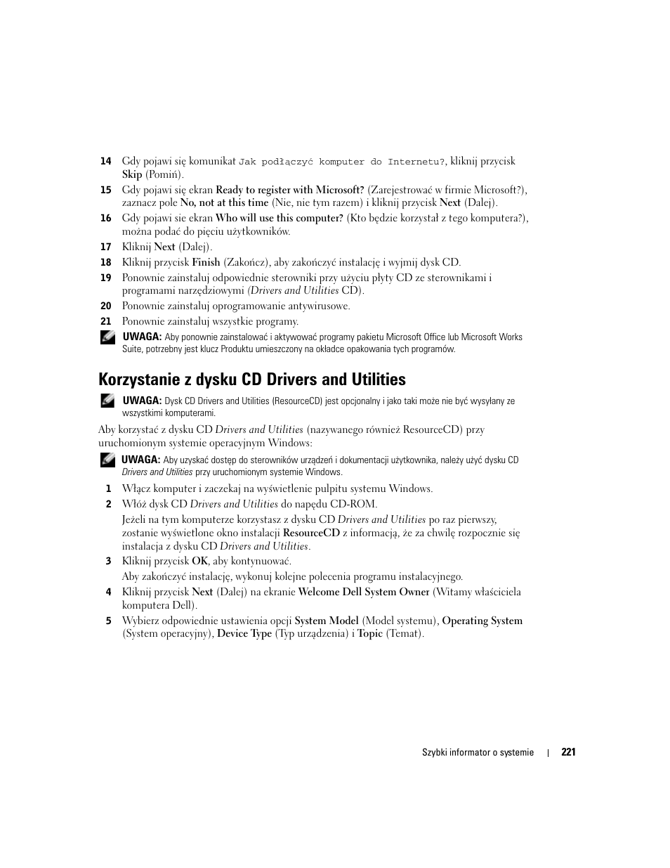 Korzystanie z dysku cd drivers and utilities | Dell OptiPlex GX280 User Manual | Page 221 / 260