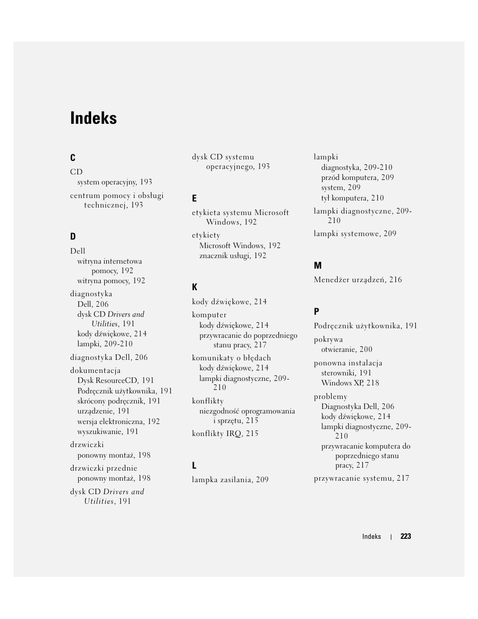 Indeks | Dell OptiPlex GX280 User Manual | Page 223 / 260