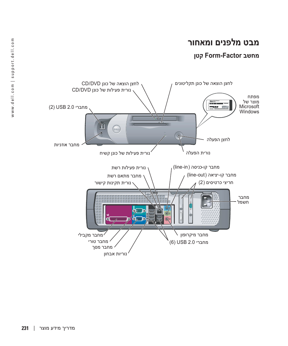 מבט מלפנים ומאחור, מחשב form-factor קטן, רוחאמו םינפלמ טבמ | ןטק form-factor בשחמ | Dell OptiPlex GX280 User Manual | Page 254 / 260