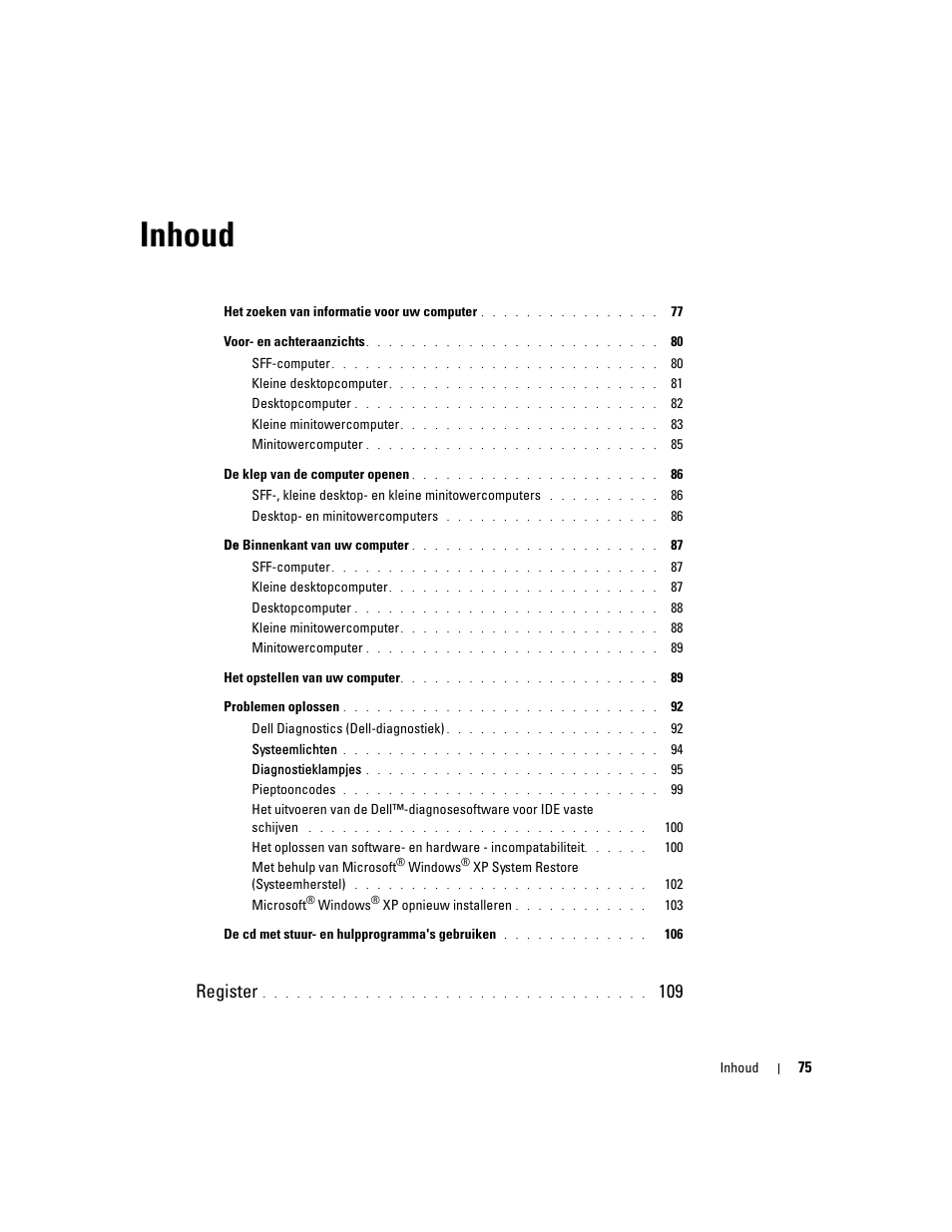 Inhoud, Register | Dell OptiPlex GX280 User Manual | Page 75 / 260