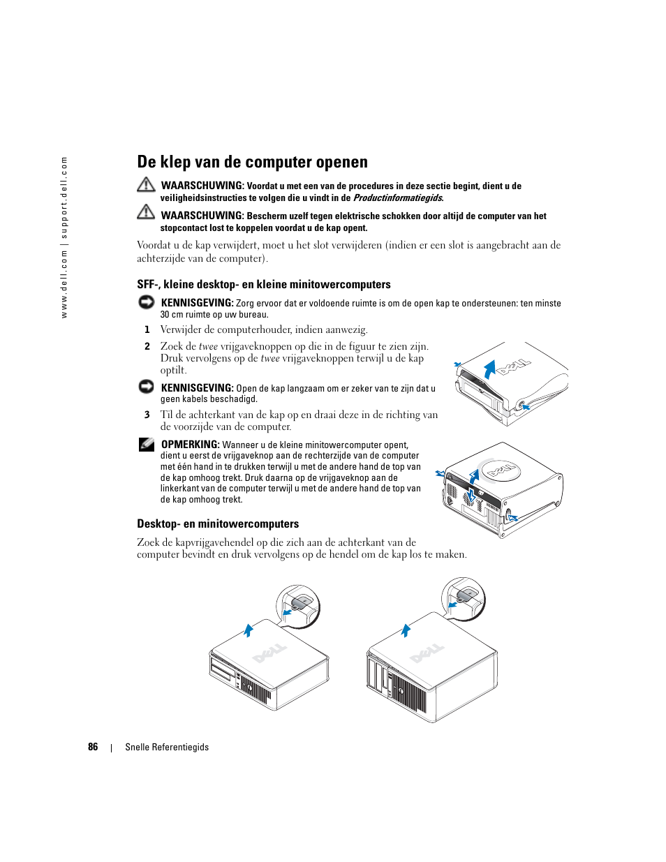 De klep van de computer openen, Sff-, kleine desktop- en kleine minitowercomputers, Desktop- en minitowercomputers | Dell OptiPlex GX280 User Manual | Page 86 / 260