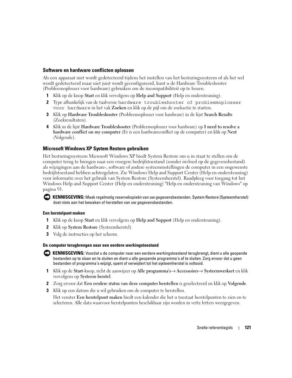 Software en hardware conflicten oplossen, Microsoft windows xp system restore gebruiken | Dell OptiPlex 210L User Manual | Page 121 / 300