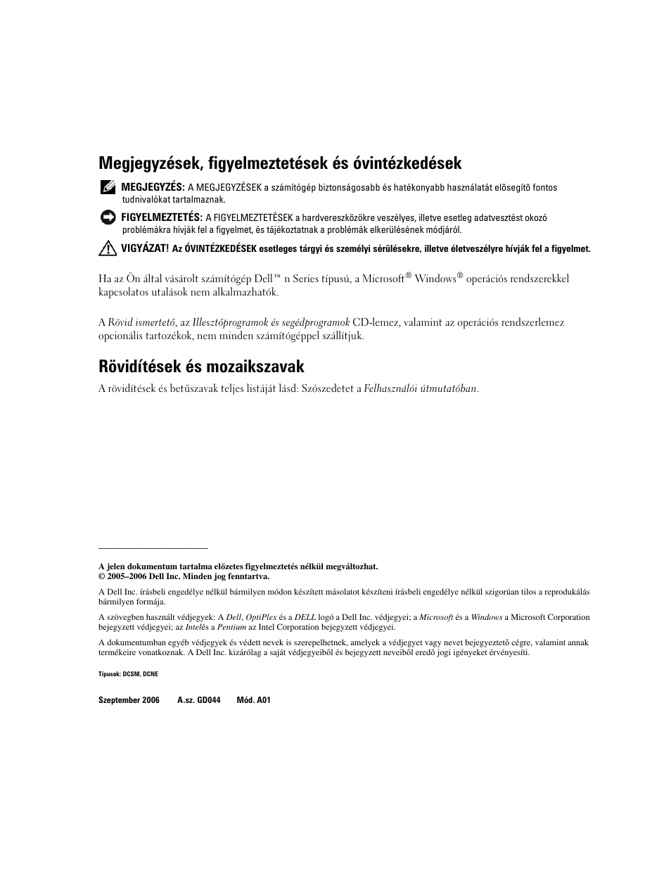 Megjegyzések, figyelmeztetések és óvintézkedések, Rövidítések és mozaikszavak | Dell OptiPlex 210L User Manual | Page 174 / 300