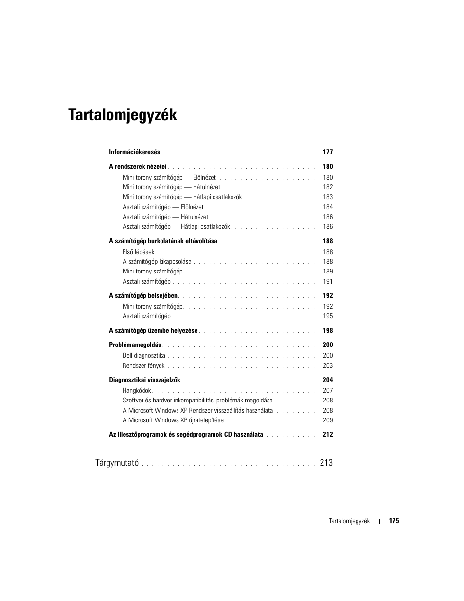 Tartalomjegyzék, Tárgymutató | Dell OptiPlex 210L User Manual | Page 175 / 300