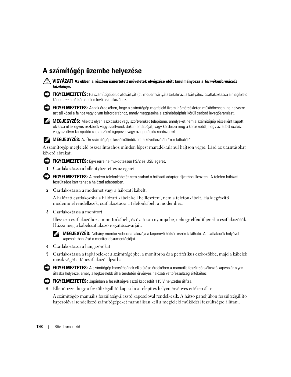 A számítógép üzembe helyezése | Dell OptiPlex 210L User Manual | Page 198 / 300