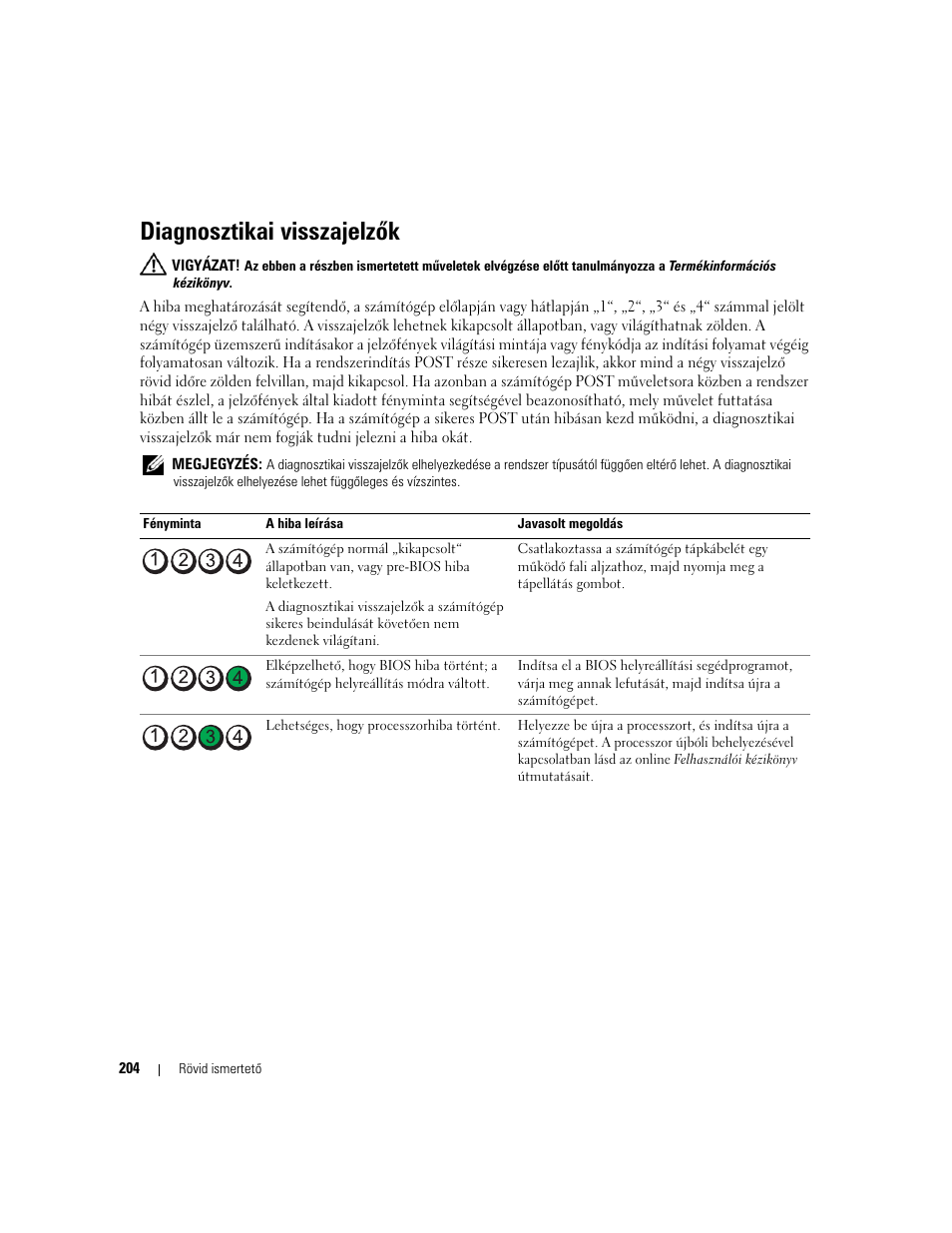 Diagnosztikai visszajelzõk, Diagnosztikai visszajelzők | Dell OptiPlex 210L User Manual | Page 204 / 300