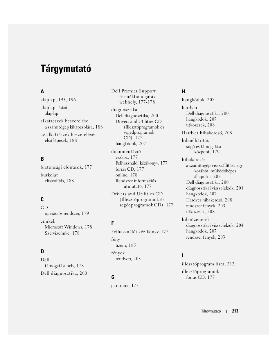 Tárgymutató | Dell OptiPlex 210L User Manual | Page 213 / 300