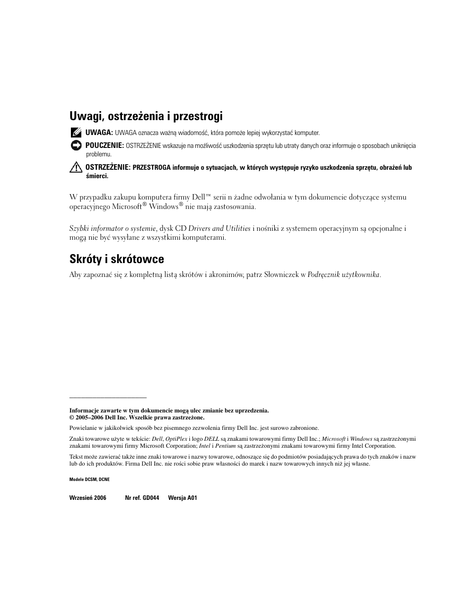 Uwagi, ostrzeżenia i przestrogi, Skróty i skrótowce | Dell OptiPlex 210L User Manual | Page 216 / 300