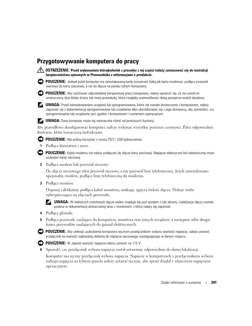 Przygotowywanie komputera do pracy | Dell OptiPlex 210L User Manual | Page 241 / 300
