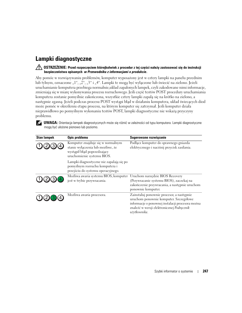 Lampki diagnostyczne, Rozdział „lampki diagnostyczne“ na stronie 247), Rozdział „lampki diagnostyczne“ na stronie 247 | Dell OptiPlex 210L User Manual | Page 247 / 300