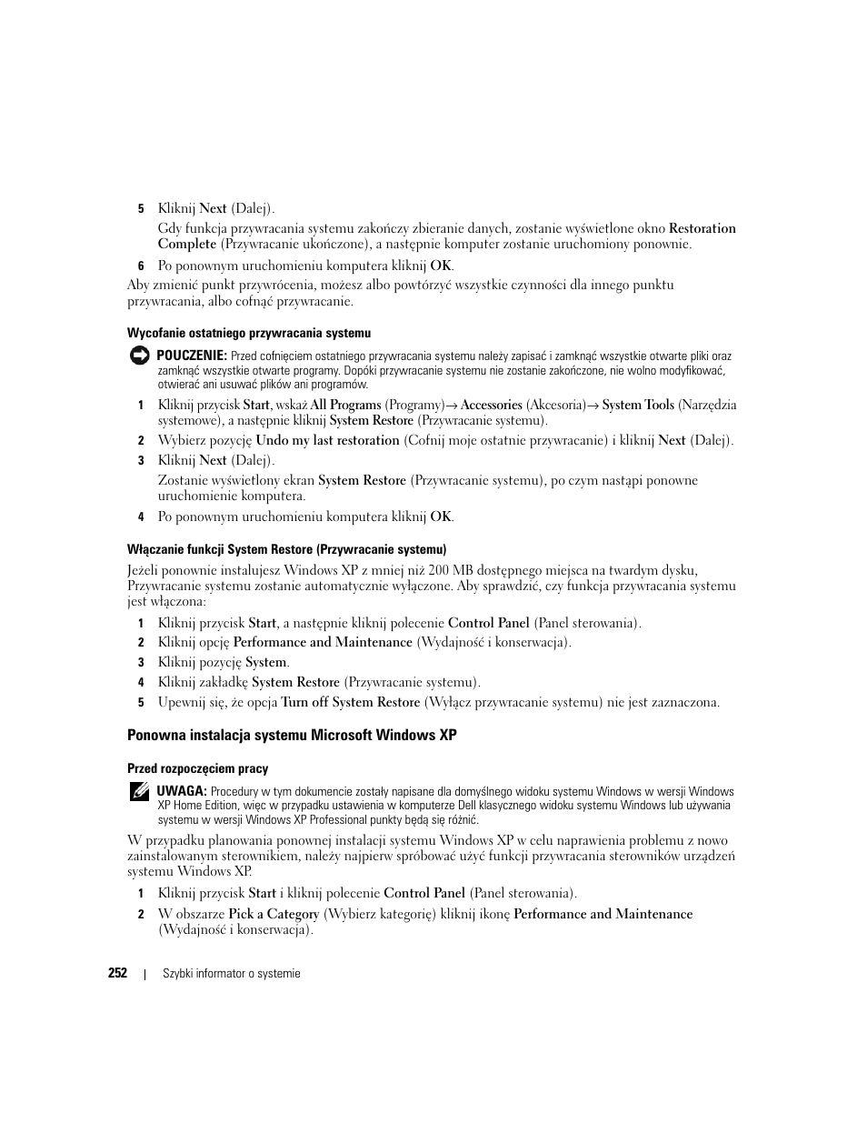 Ponowna instalacja systemu microsoft windows xp | Dell OptiPlex 210L User Manual | Page 252 / 300