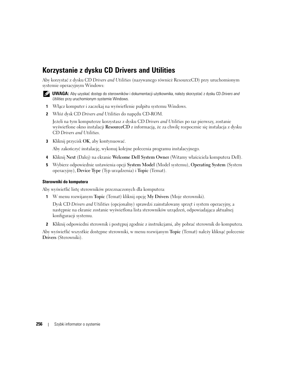 Korzystanie z dysku cd drivers and utilities | Dell OptiPlex 210L User Manual | Page 256 / 300