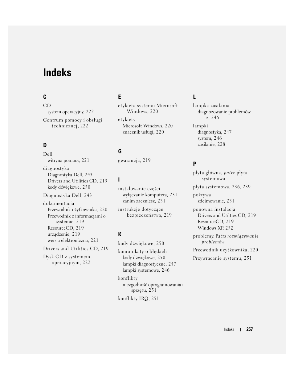 Indeks | Dell OptiPlex 210L User Manual | Page 257 / 300