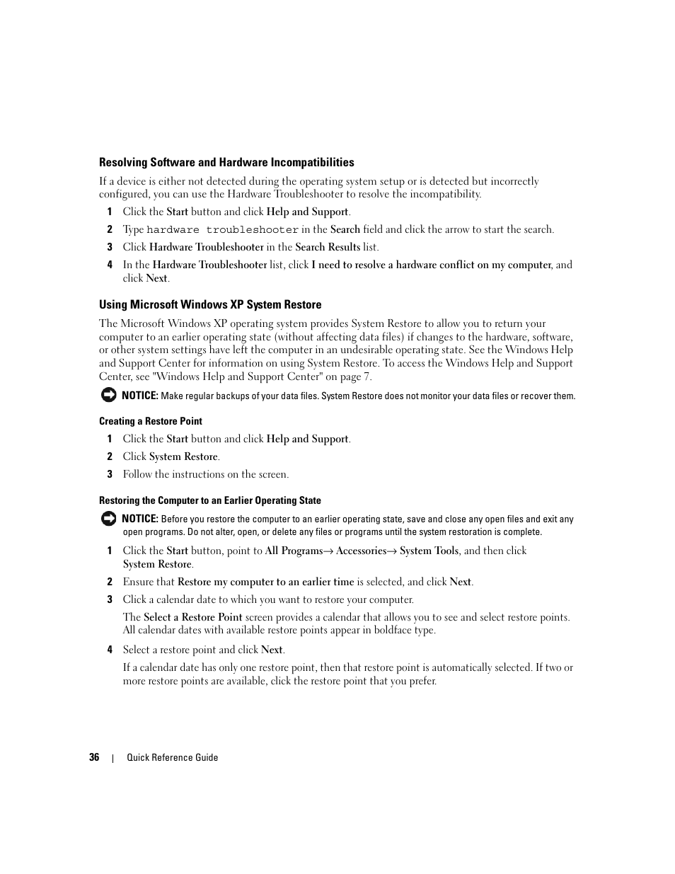 Resolving software and hardware incompatibilities, Using microsoft windows xp system restore | Dell OptiPlex 210L User Manual | Page 36 / 300