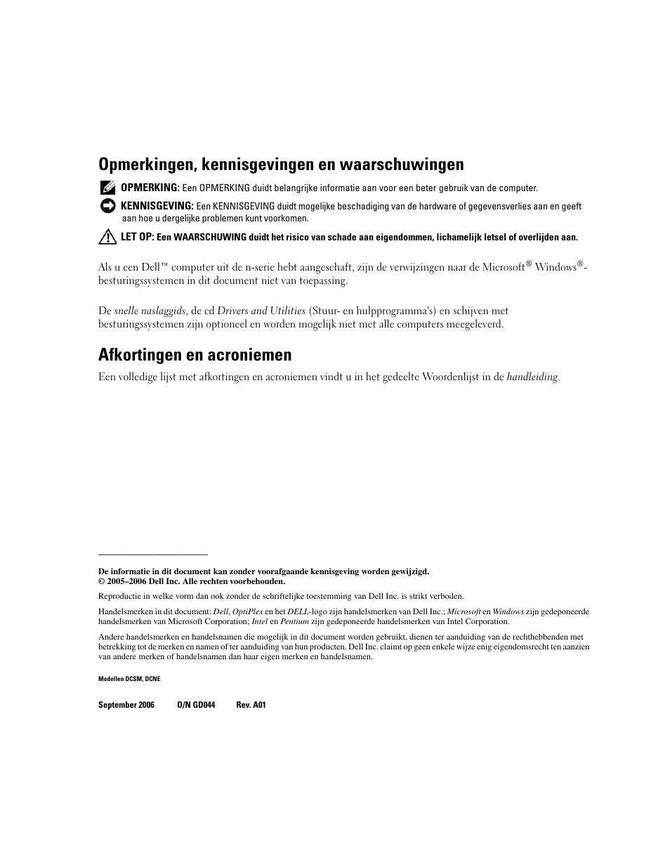 Opmerkingen, kennisgevingen en waarschuwingen, Afkortingen en acroniemen | Dell OptiPlex 210L User Manual | Page 86 / 300