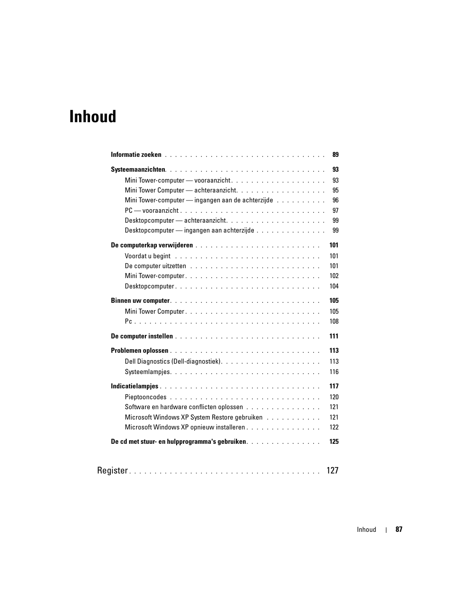 Inhoud, Register | Dell OptiPlex 210L User Manual | Page 87 / 300