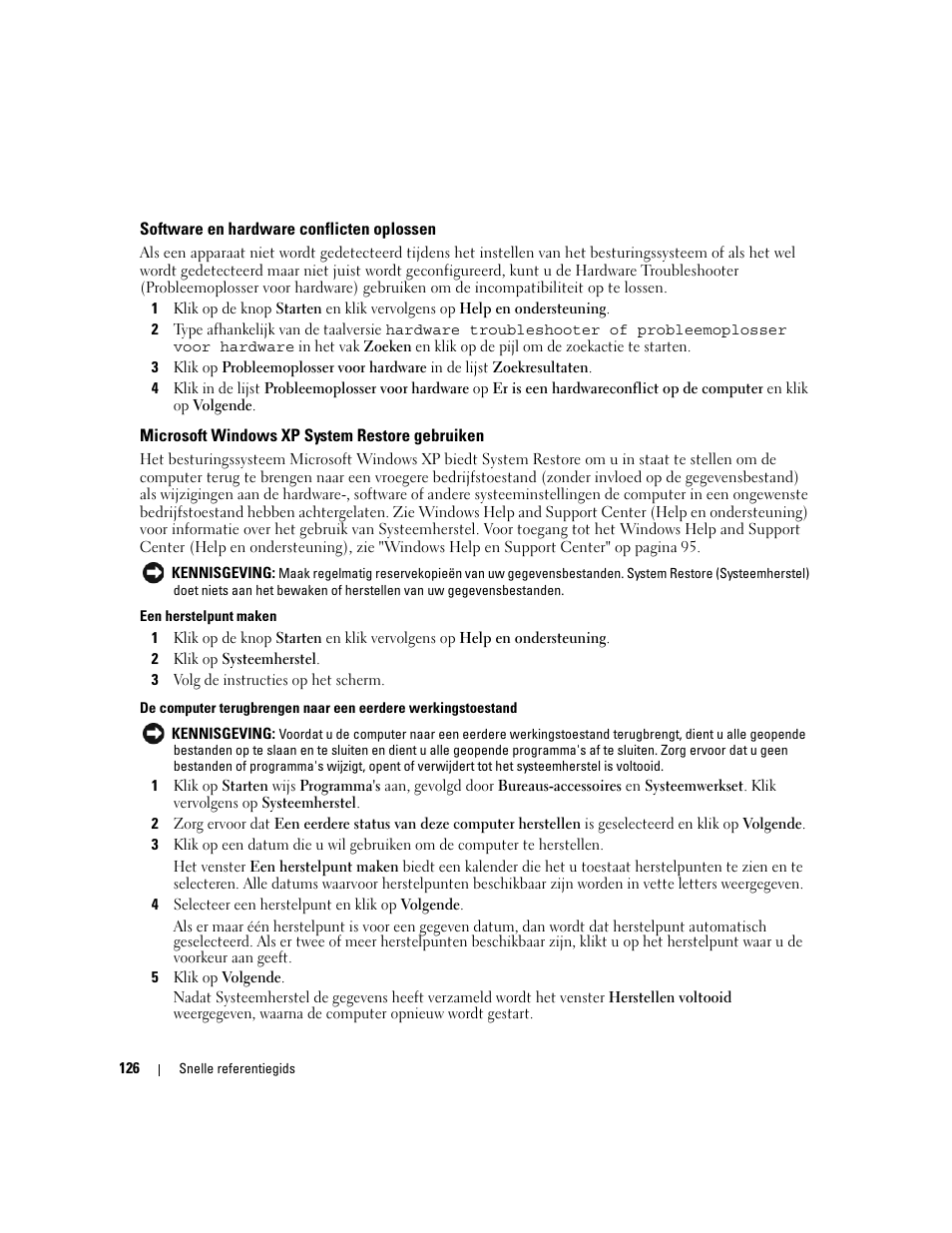 Software en hardware conflicten oplossen, Microsoft windows xp system restore gebruiken | Dell OptiPlex 320 User Manual | Page 126 / 312