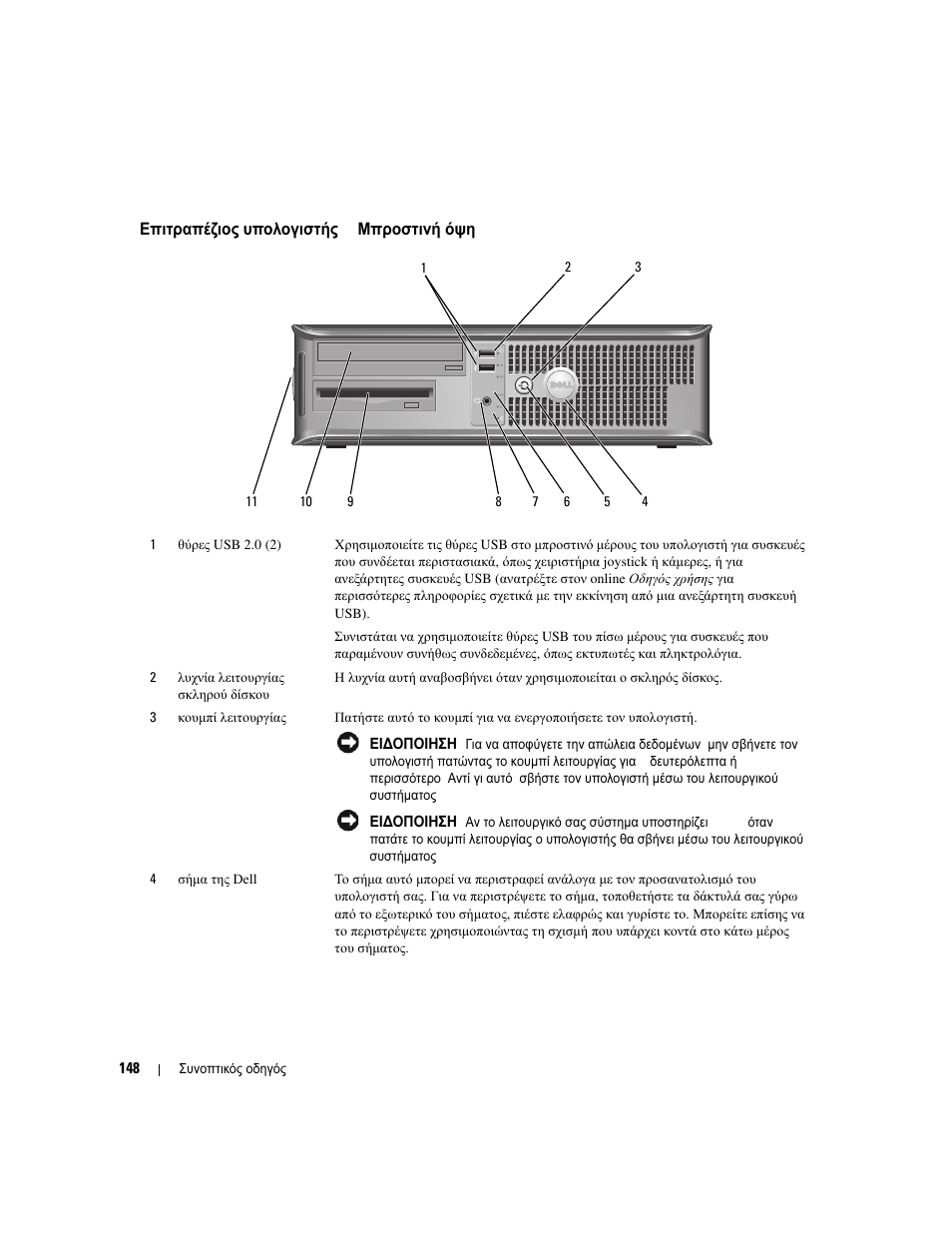 Επιτραπέζιος υπολογιστής- μπροστινή όψη, Επιτραπέζιος, Υπολογιστής | Μπροστινή | Dell OptiPlex 320 User Manual | Page 148 / 312