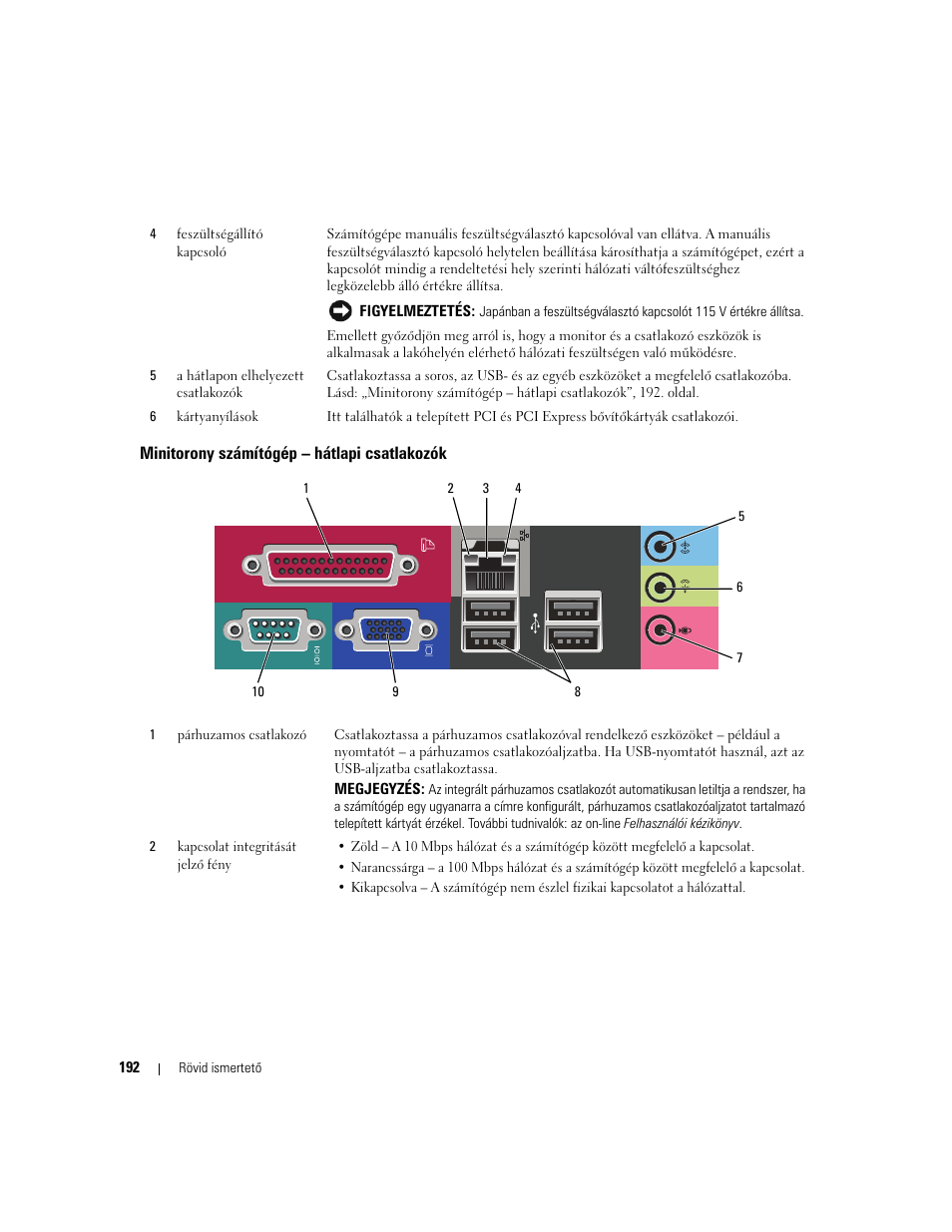 Minitorony számítógép - hátlapi csatlakozók, Minitorony számítógép – hátlapi csatlakozók | Dell OptiPlex 320 User Manual | Page 192 / 312