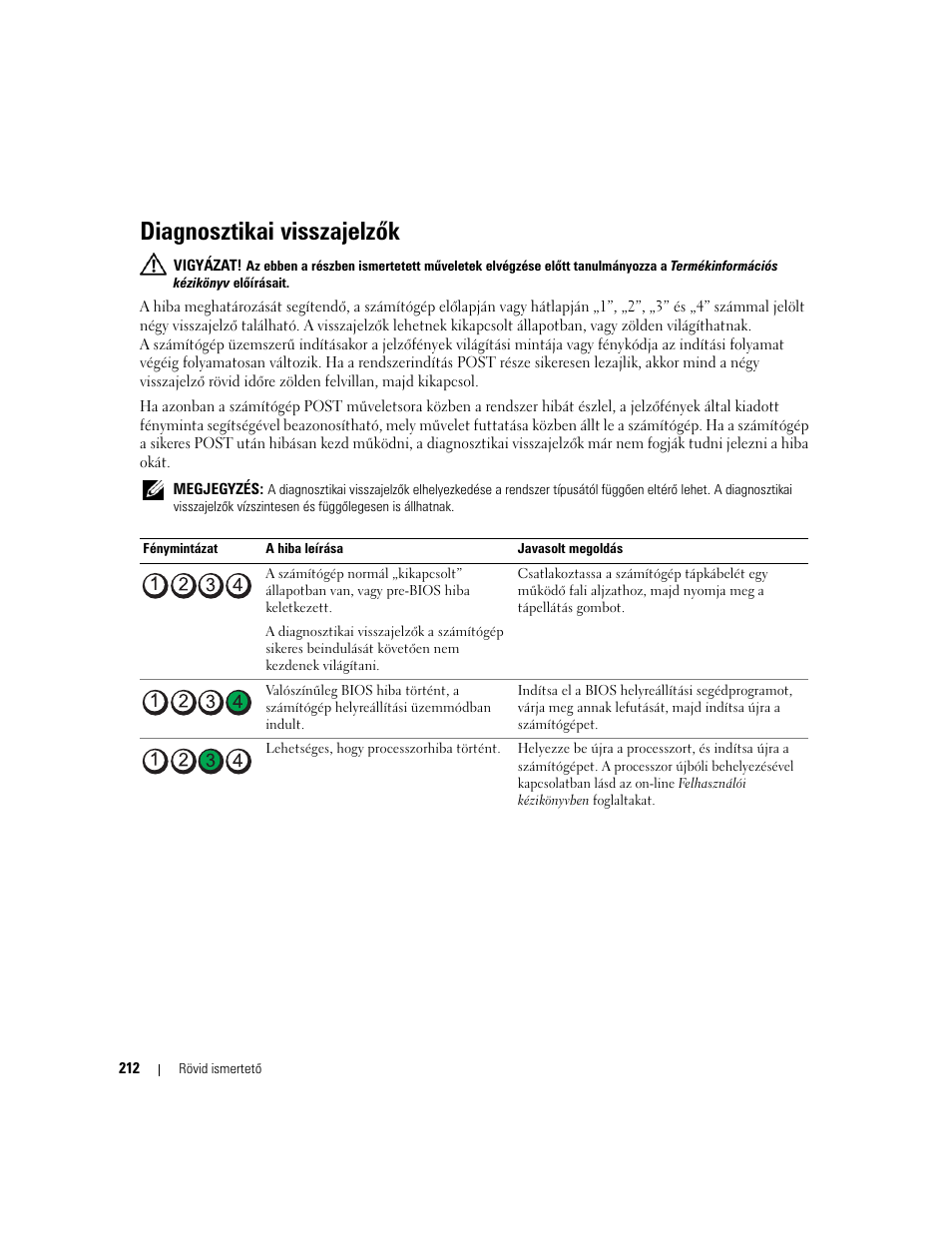 Diagnosztikai visszajelzõk, Diagnosztikai visszajelzők, Ásd: „diagnosztikai visszajelzők”, 212. oldal.) | Dell OptiPlex 320 User Manual | Page 212 / 312