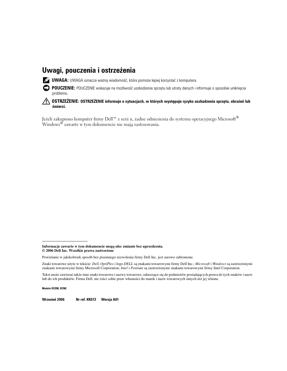 Uwagi, pouczenia i ostrzeżenia | Dell OptiPlex 320 User Manual | Page 224 / 312