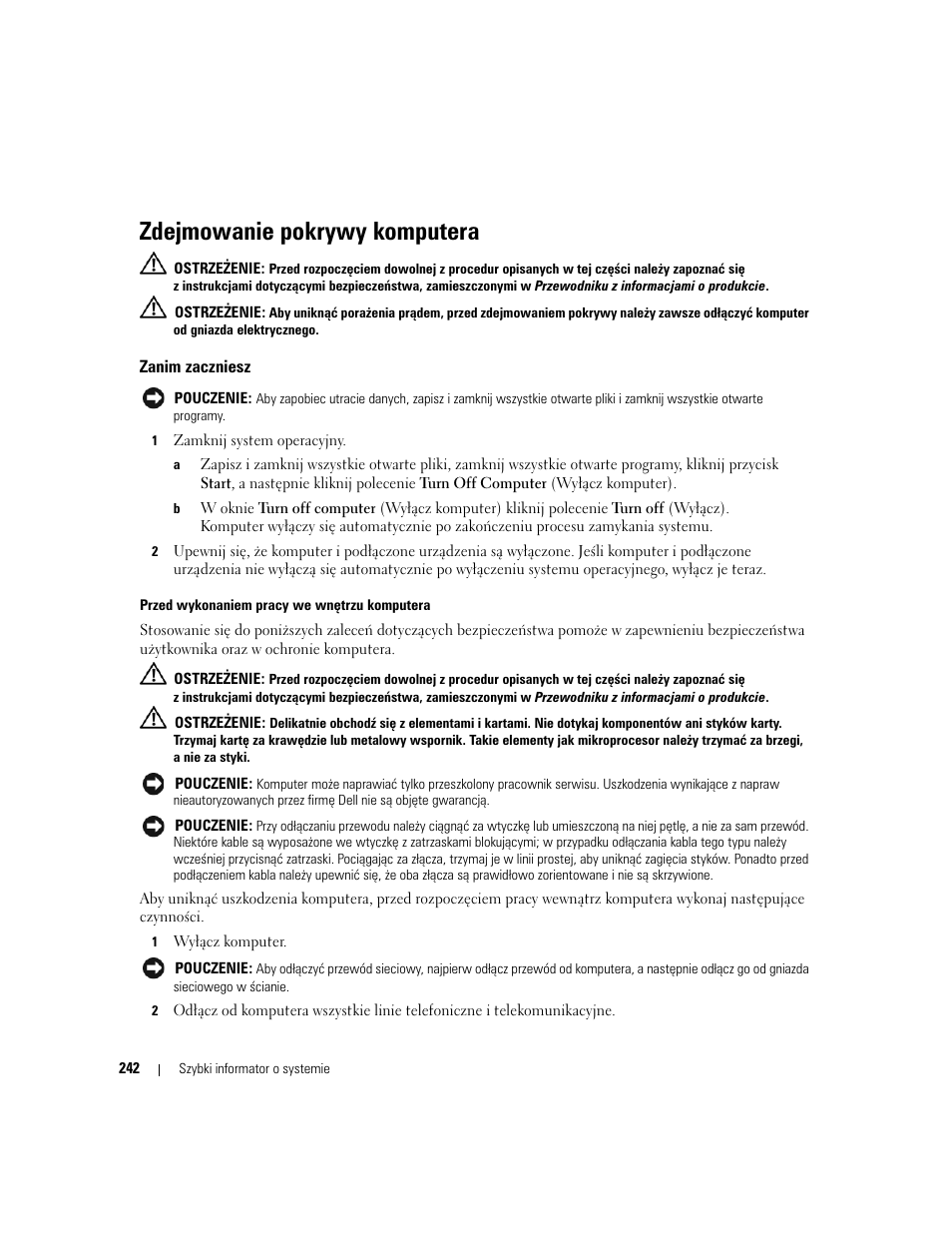 Zdejmowanie pokrywy komputera, Zanim zaczniesz | Dell OptiPlex 320 User Manual | Page 242 / 312