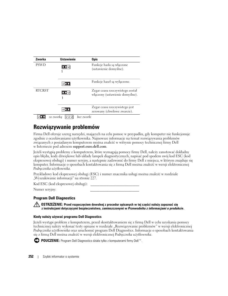 Rozwiązywanie problemów, Program dell diagnostics | Dell OptiPlex 320 User Manual | Page 252 / 312