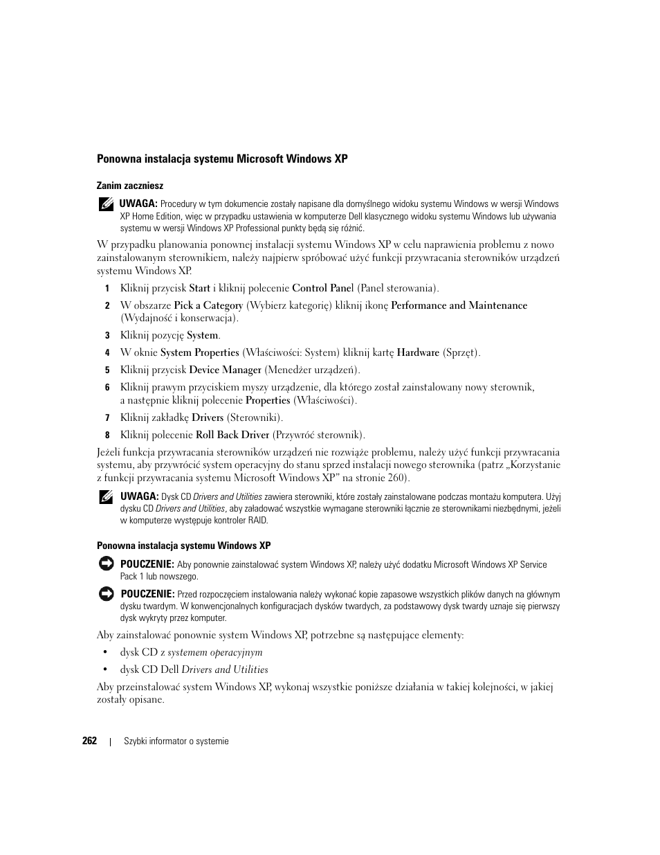 Ponowna instalacja systemu microsoft windows xp | Dell OptiPlex 320 User Manual | Page 262 / 312