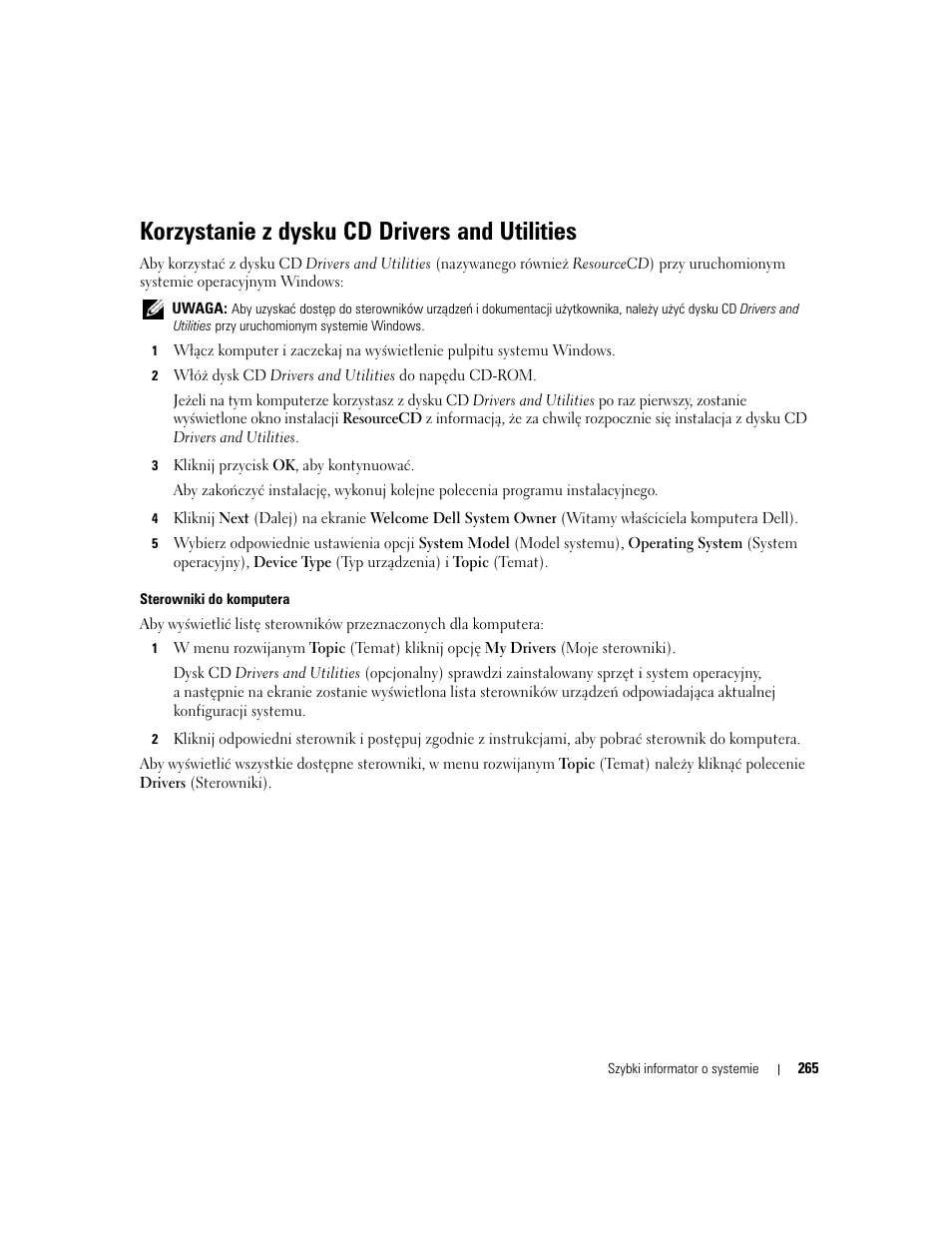 Korzystanie z dysku cd drivers and utilities | Dell OptiPlex 320 User Manual | Page 265 / 312