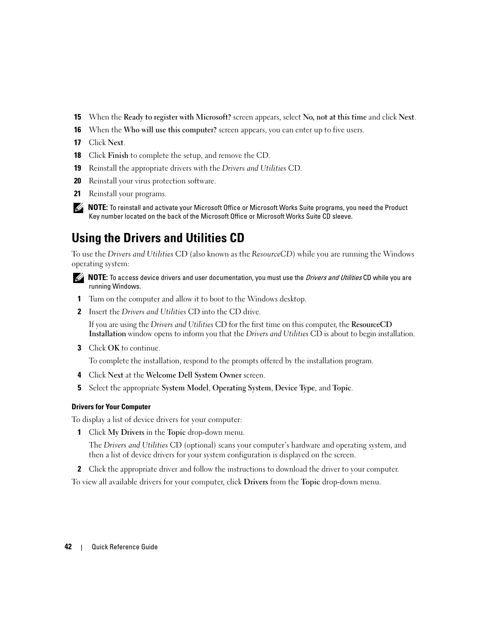 Using the drivers and utilities cd | Dell OptiPlex 320 User Manual | Page 42 / 312