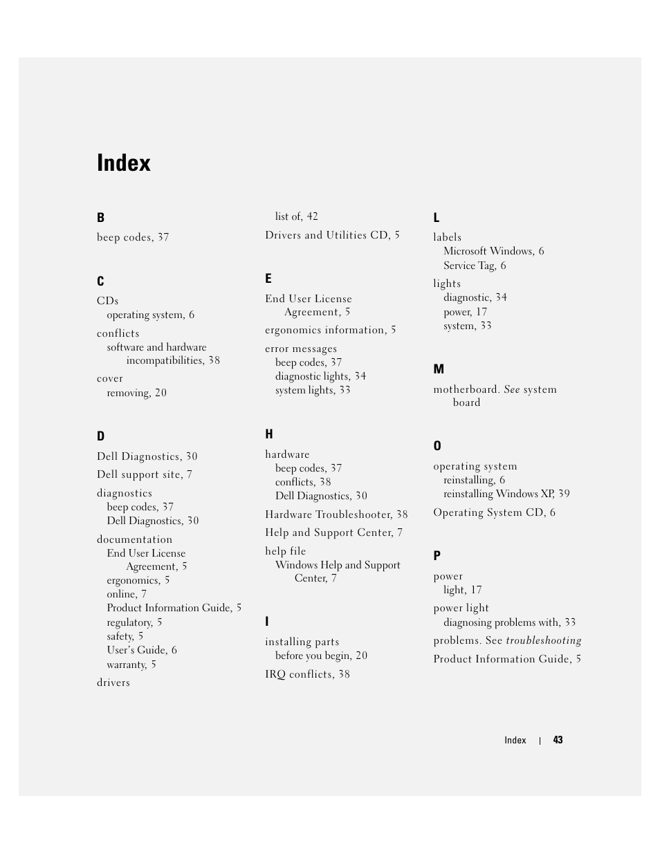 Index | Dell OptiPlex 320 User Manual | Page 43 / 312