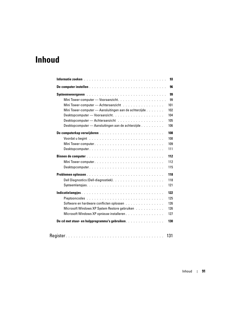 Inhoud, Register | Dell OptiPlex 320 User Manual | Page 91 / 312