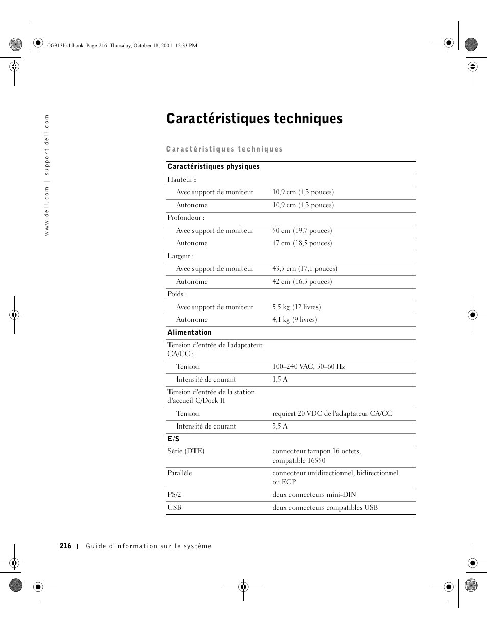 Caractéristiques techniques | Dell C/Dock II Expansion Station User Manual | Page 218 / 532