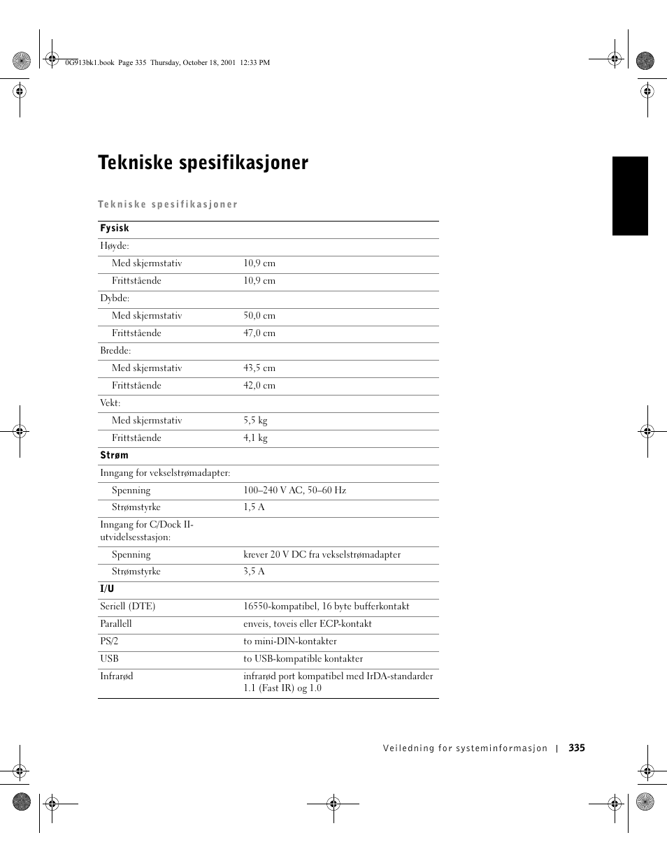 Tekniske spesifikasjoner | Dell C/Dock II Expansion Station User Manual | Page 337 / 532