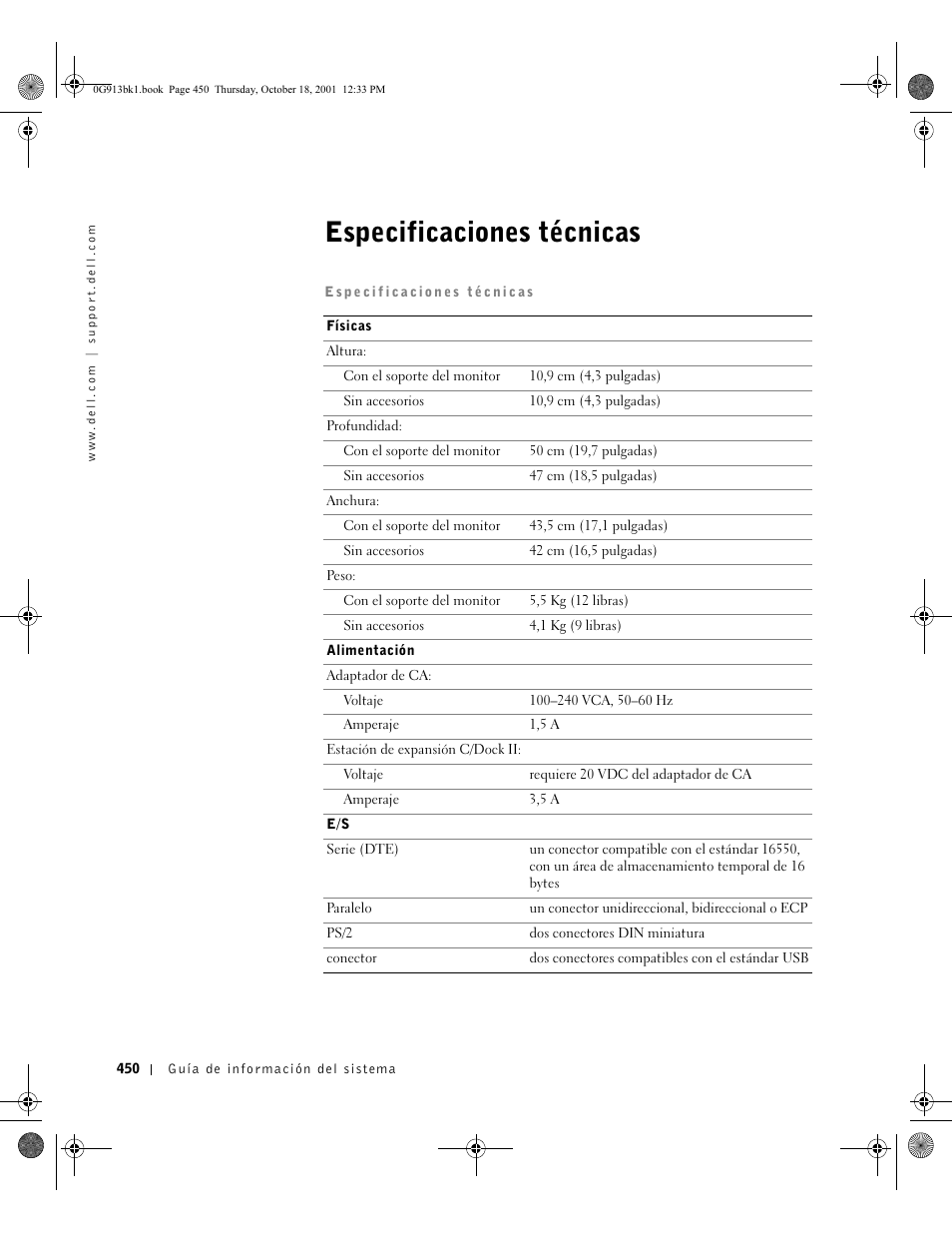 Especificaciones técnicas | Dell C/Dock II Expansion Station User Manual | Page 452 / 532