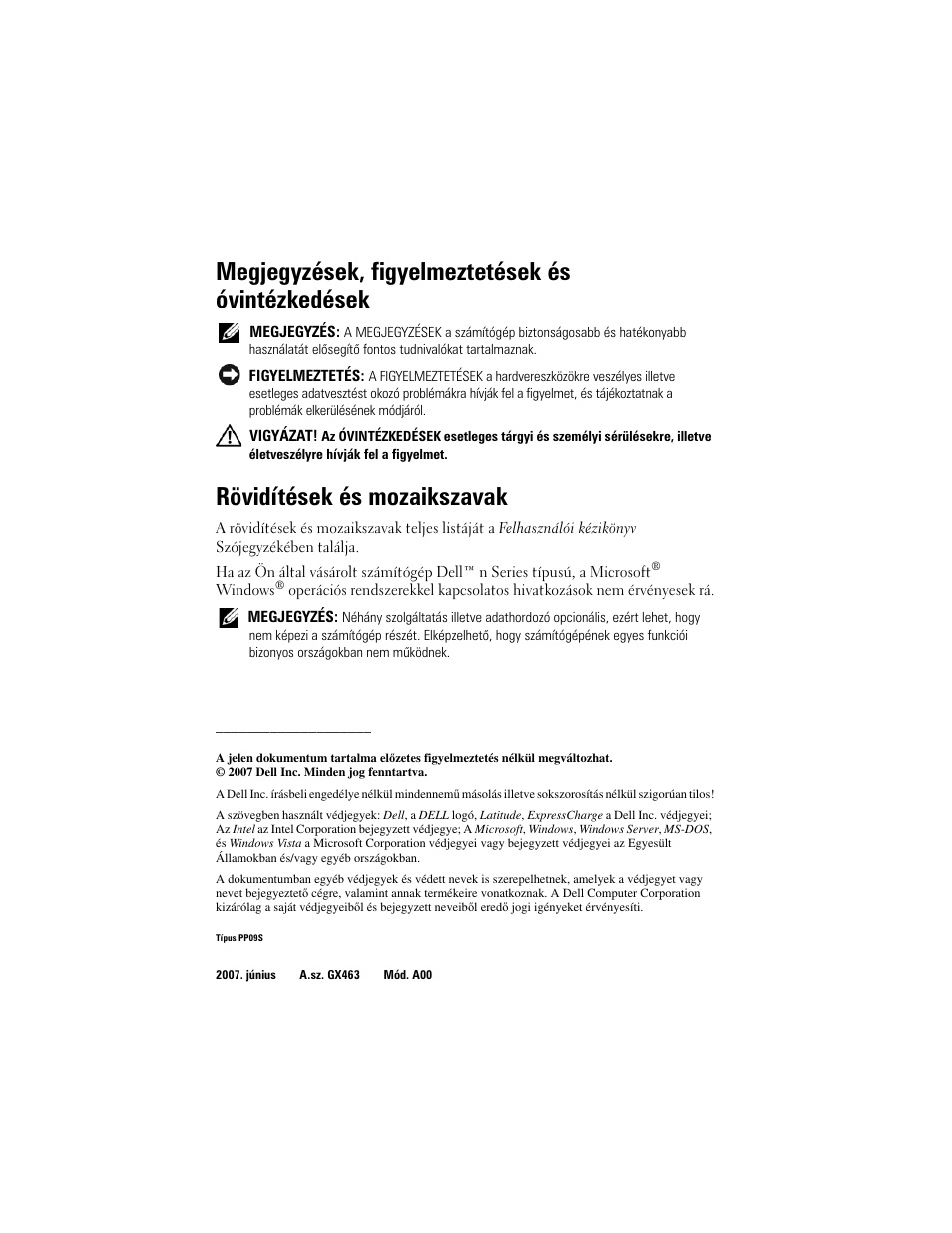 Megjegyzések, figyelmeztetések és óvintézkedések, Rövidítések és mozaikszavak | Dell Latitude D430 (Mid 2007) User Manual | Page 122 / 244