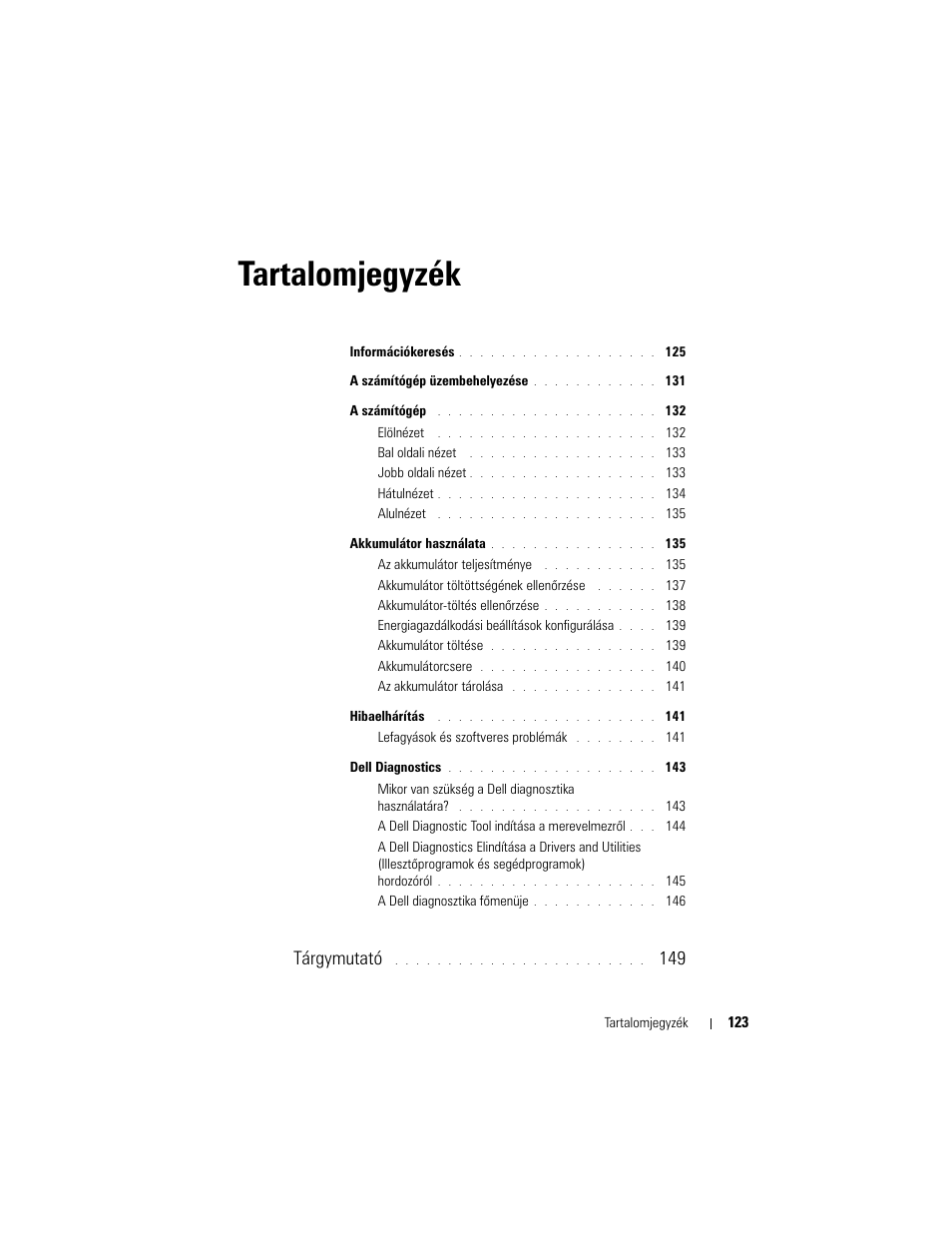 Tartalomjegyzék, Tárgymutató | Dell Latitude D430 (Mid 2007) User Manual | Page 123 / 244