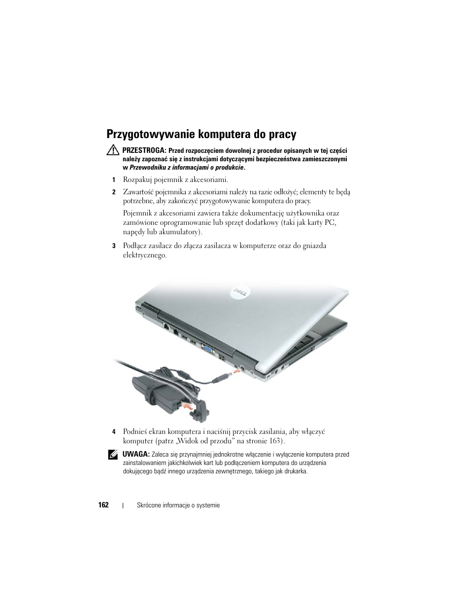 Przygotowywanie komputera do pracy | Dell Latitude D430 (Mid 2007) User Manual | Page 162 / 244