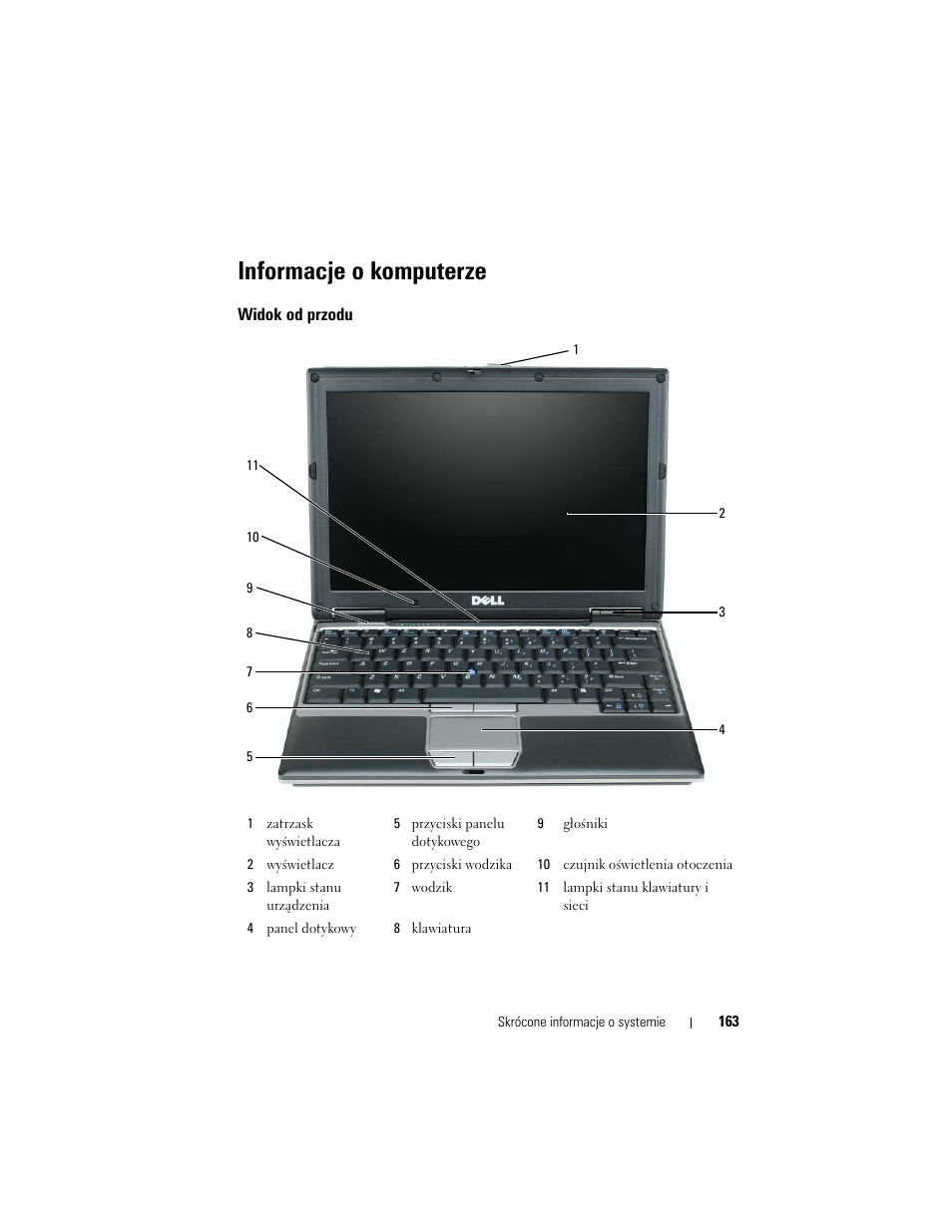 Informacje o komputerze, Widok od przodu | Dell Latitude D430 (Mid 2007) User Manual | Page 163 / 244