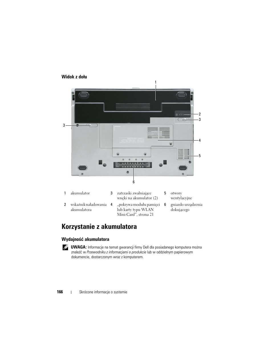 Widok z dołu, Korzystanie z akumulatora, Wydajność akumulatora | Dell Latitude D430 (Mid 2007) User Manual | Page 166 / 244