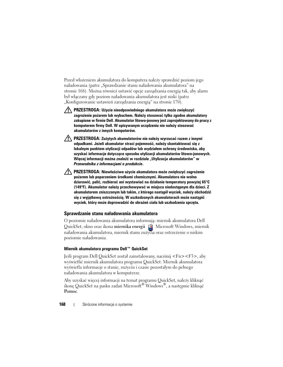 Sprawdzanie stanu naładowania akumulatora | Dell Latitude D430 (Mid 2007) User Manual | Page 168 / 244