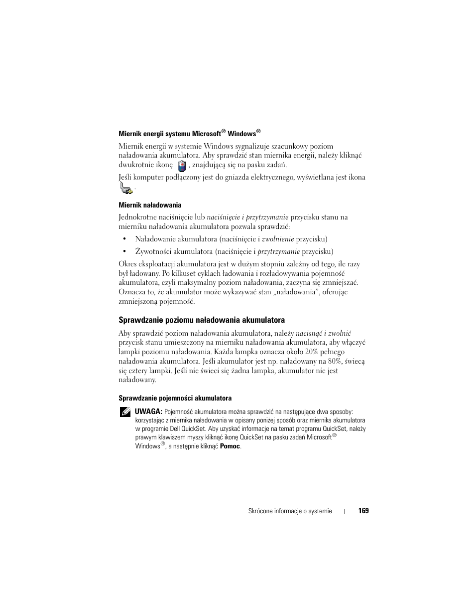 Sprawdzanie poziomu na¸adowania akumulatora, Sprawdzanie poziomu naładowania akumulatora | Dell Latitude D430 (Mid 2007) User Manual | Page 169 / 244
