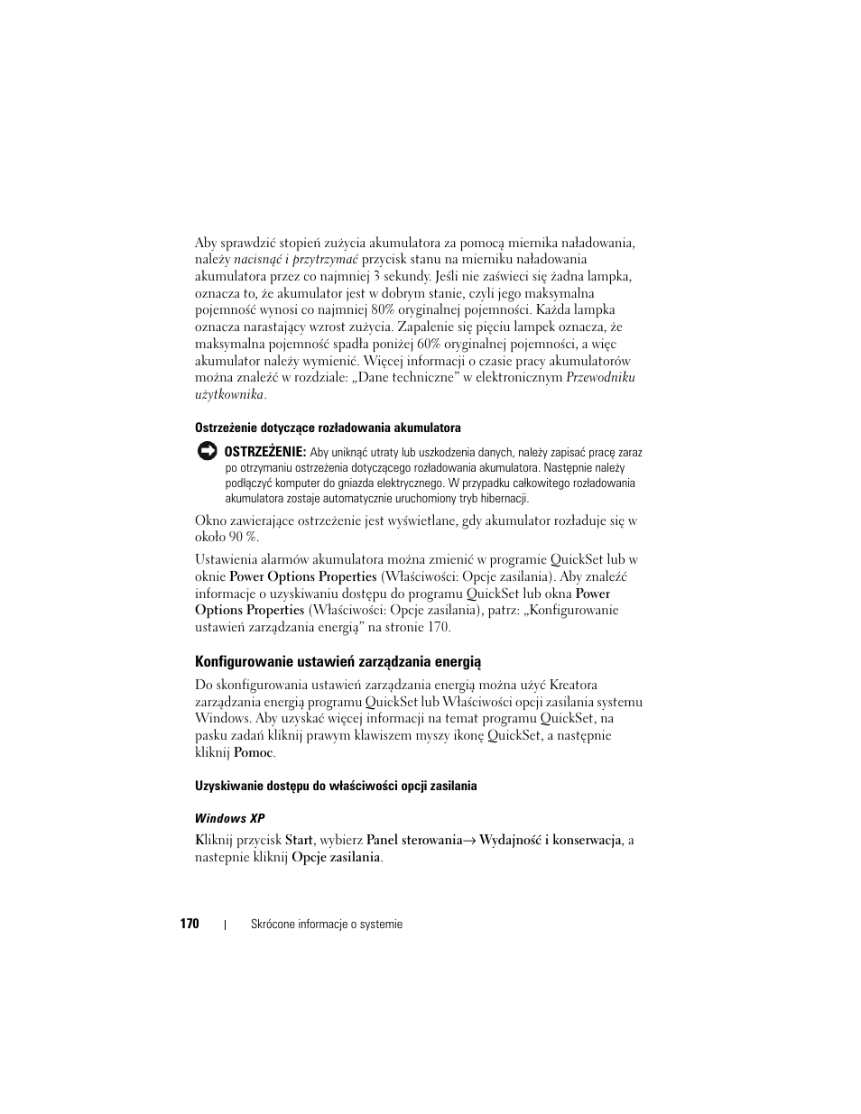 Konfigurowanie ustawień zarządzania energią | Dell Latitude D430 (Mid 2007) User Manual | Page 170 / 244