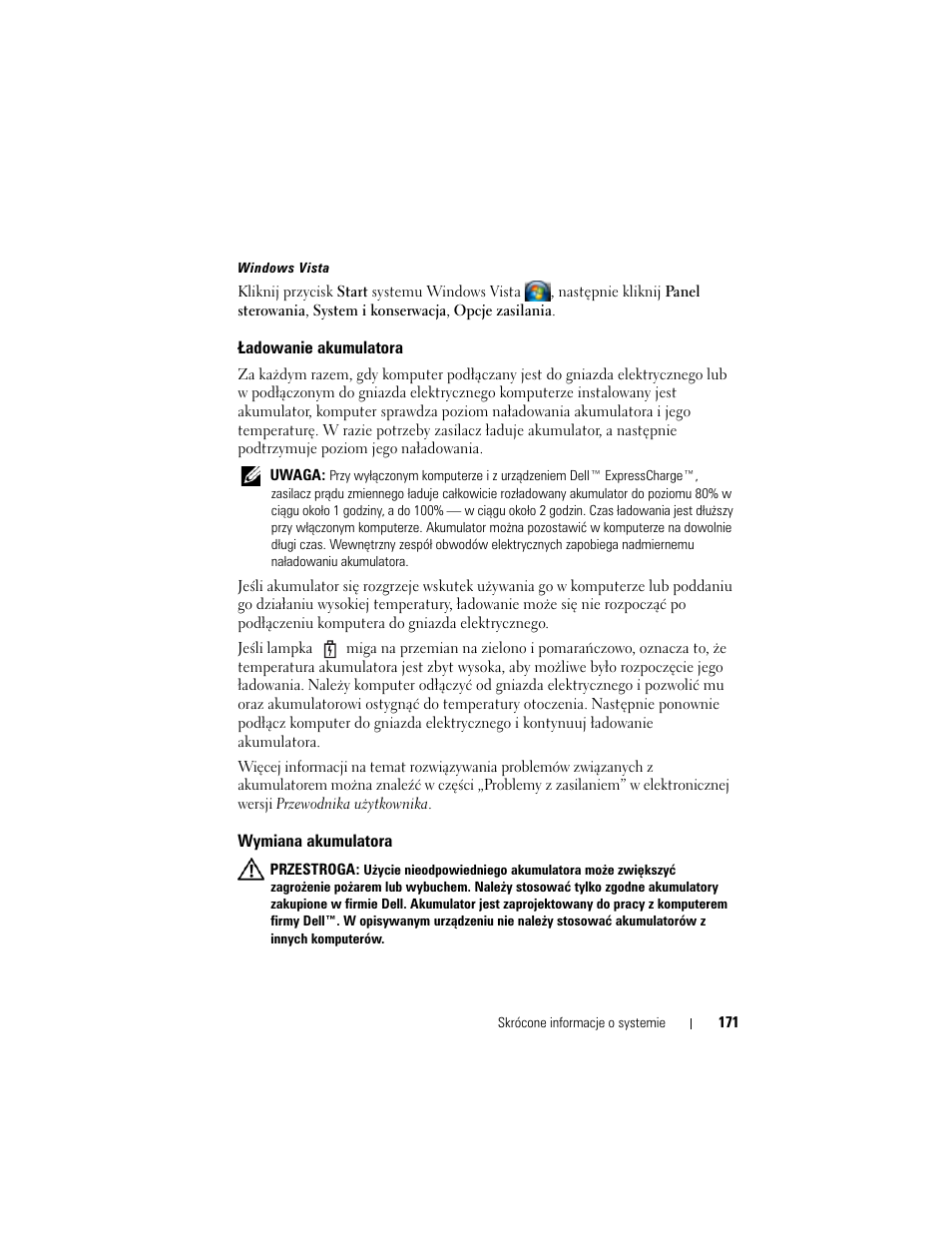 Ładowanie akumulatora, Wymiana akumulatora | Dell Latitude D430 (Mid 2007) User Manual | Page 171 / 244