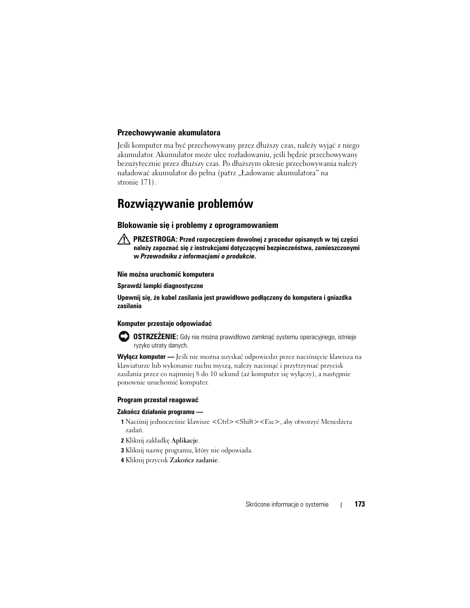 Przechowywanie akumulatora, Rozwiązywanie problemów, Blokowanie się i problemy z oprogramowaniem | Dell Latitude D430 (Mid 2007) User Manual | Page 173 / 244